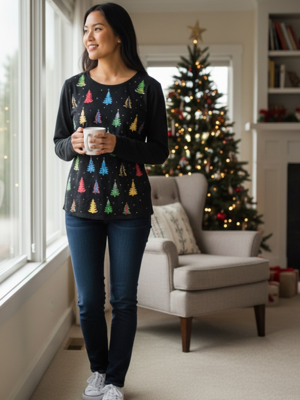 Holiday Sequin Tree Long Sleeve Tee - Black